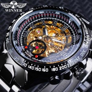 Winner Sport Watches Black Golden Skeleton Mechanical Wrist Watch for Men Luxury Luminous Clock