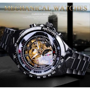 Winner Sport Watches Black Golden Skeleton Mechanical Wrist Watch for Men Luxury Luminous Clock