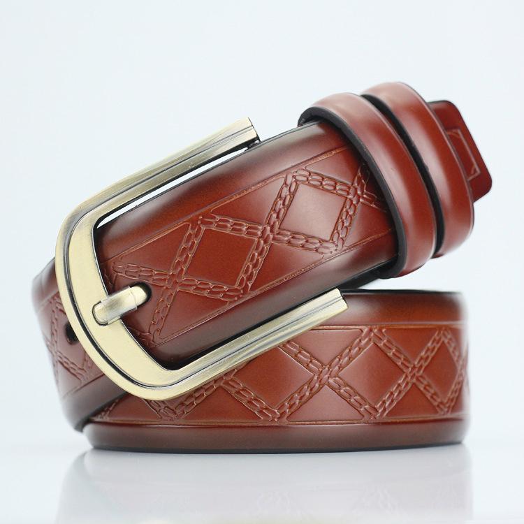 Vintage Men’s Leather Belt Embossed Strap Alloy Pin Buckle Waistband